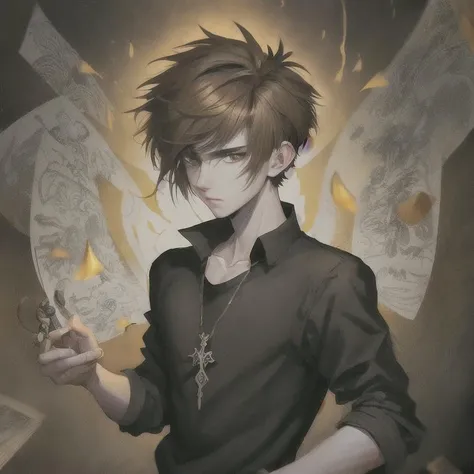 (((masterpiece))), wallpaper, anime style, manga style, young guy artist ((with short hair on the sides, light brown color , long bangs back)) dressed in a black shirt and jeans creates magic with a drawing bone , magic background, magic runes animated paintings, high detail clear light, clear shapes, five fingers, (((Illustrator))) full-length, 75mm lens, ArtStation,RTX