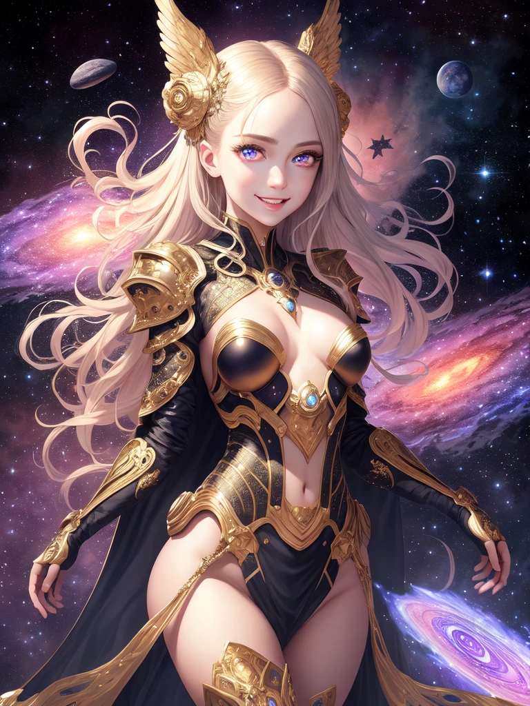 masterpiece, best quality, highres, absurdres, ultradetailed, 1girl, (celestial outfit:1.1), stars, nebulae, higly detailed eyes, shiny, shiny skin, bright eyes, photorealistic faces, lifelike, happy expression, (full body:1.1), astonishing, wonderful, awesome, beautiful, highly detailed ,centered,