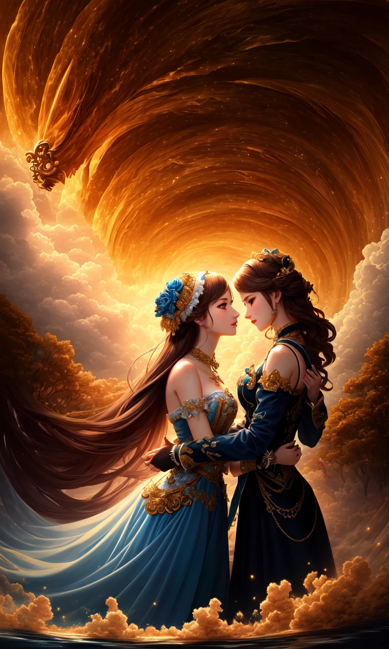 two lovers as neural networks embracing, beautiful, intricate details, cinematic lighting, beautiful concept art, surreal, art station, the source of future growth dramatic, elaborate emotive Golden Baroque and Rococo styles to emphasise beauty as a transcendental, seamless pattern, symmetrical, large motifs, sistine chapel ceiling, 8k image, supersharp, spirals and swirls in rococo style, cartouches, white smoke and rainbow ink dropping in water, Gold black and rainbow colors, perfect symmetry, no blur, sharp focus, photorealistic, insanely detailed and intricate, cinematic lighting, epic scene, 8K