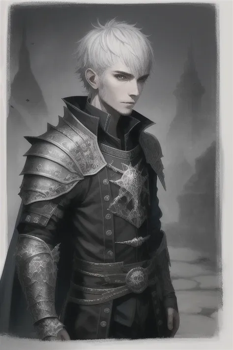 Portrait of a human man, hexblade warlock, black platemail armor, bastard sword, silver trim, silver hair, short hair, popped collar, blue tabbard, full body, very detailed, photorealistic painting