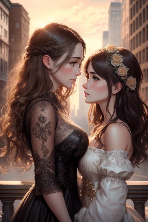 (realistic photo:1.0), detailed, (detailed face:1.0), (detailed eyes:1.0), two women facing each other, from side, seductive, shy, blush, dress, downtown, city, intricate, full body, highres, by Antonio J. Manzanedo