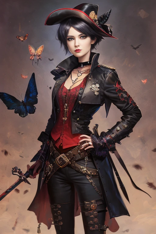 Portrait of a lithe female human pirate, red silk shirt, black trousers, navy blue leather trench coat, butterfly necklace, butterfly brooch, (black tricorne), black leather boots with butterfly embroidery, (amethyst beads), pointing rapier at viewer, full body, short hair, very detailed, photorealistic painting