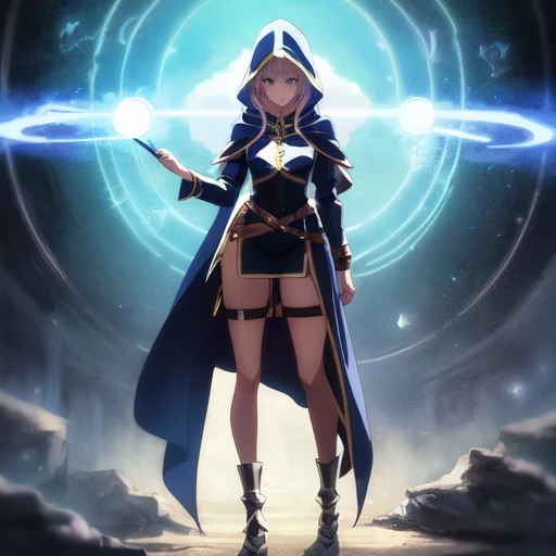 photorealistic, picture of a beautiful woman casting a spell, small breasts, dressed in deep hood, shining elaborate armor, beautiful anime eyes, beautiful anime hair, isometric, professional digital illustration, style, fantasy, anime