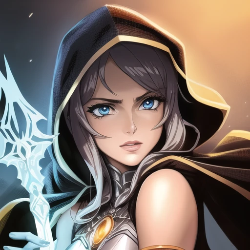 photorealistic, picture of a beautiful woman casting a spell, small breasts, dressed in deep hood, shining elaborate armor, beautiful anime eyes, beautiful anime hair, isometric, professional digital illustration, style, fantasy, anime