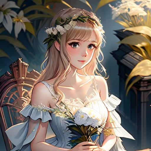 picture, wide-shot, 1girl, solo, beautiful woman, looking at viewer, casting a spell, fantasy, anime, simple modest white dress, complex silver arcane symbols , bare throat, Style-Glorious