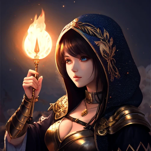 photorealistic, picture of a beautiful woman casting a spell, small breasts, dressed in deep hood, shining elaborate armor, beautiful anime eyes, beautiful anime hair, isometric, professional digital illustration, style, fantasy, anime