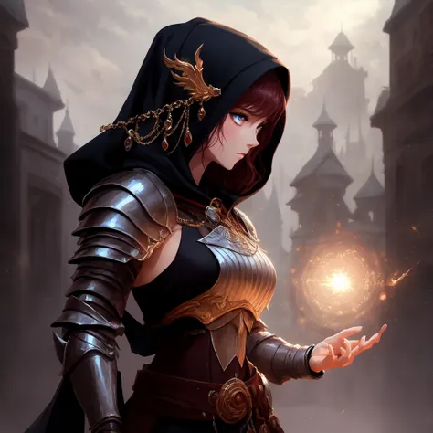 photorealistic, picture of a beautiful woman casting a spell, small breasts, dressed in deep hood, shining elaborate armor, beautiful anime eyes, beautiful anime hair, isometric, professional digital illustration, style, fantasy, anime