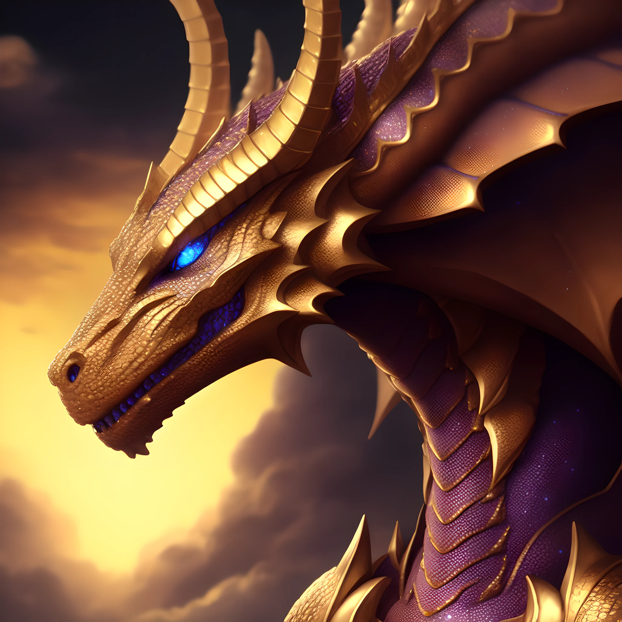 dragon ((portrait)), in the sky, sky background, heavy golden scales, detailed head, calm, small blue eyes, highly detailed, rendered in octane, masterpiece