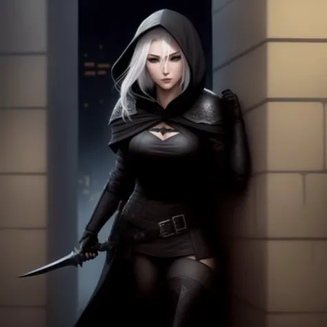 female rogue leaning on the wall in the dark precinct, black leather armor with silver elements, black hood, holding detailed dagger, white hair, highly detailed, detailed eyes, masterpiece