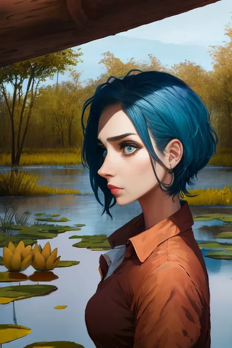 best quality, ultra-detailed, illustration, beautiful hair, (finely detailed eyes and detailed face), (Perfect Hands), sky_blue_eyes, undercut, blue_hair, gigantic_breasts, looking_to_the_side, upper_body, Disappointed_face, (student:1.3), (wetland:1.3),