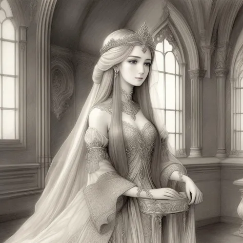 a (masterpiece) traditional sketch drawing artwork of a fantasy princess looking dreamly at a windows outside, detailed, intricate dress, long hairs, mature face noble feminine face, castle throne room in back ground. close up on the princess