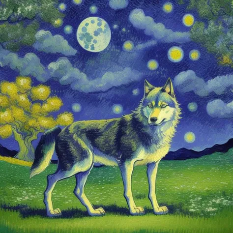 a traditional Oil paint masterpiece of a wolf in front of a the moon, night skies,  ((Vincent van Gogh)), pin trees, textured, brush stroke
