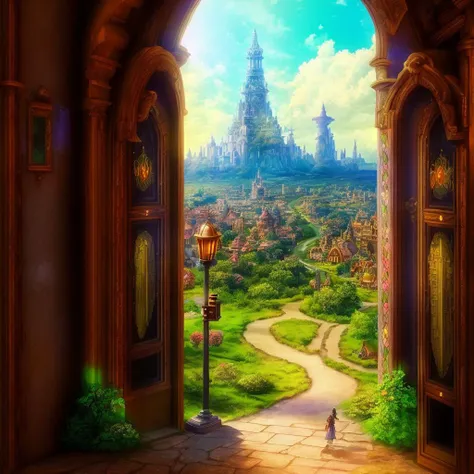 viewed from outside, fantasy main city door, fantasy style, highly detailed, dirt road leading into the city, capital of magic, people walking through