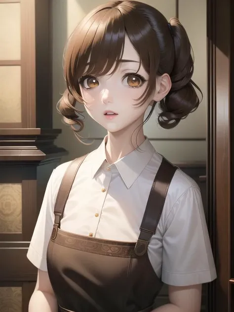masterpiece, best quality, photorealistic, <lora:ElfenLiedV6:0.7>, Orphan, flat chest, shirt, suspenders, short (brown hair:1.2), pigtails, pretty face, super detailed eyes, fit, athletic, high detail skin, intricately detailed hair, intricately detailed shirt, inside traditional Japanese home, grandfather clock, (vibrant color:1.2), colorful,