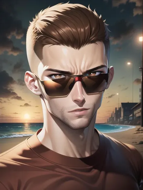 masterpiece, best quality, photorealistic, <lora:ElfenLiedV6:0.7>, Bando, man, red shirt, brown jacket, light brown hair, buzzcut, athletic, intense gaze, detailed eyes, sunglasses, high detail skin, beach, dusk, (vibrant color:1.2), colorful,