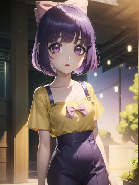 masterpiece, best quality, photorealistic, <lora:ElfenLiedV6:0.7>, Kanae, girl, flat chest, yellow blouse, short dark hair, bangs over eyes, intricately detailed eyes, (indigo|purple eyes:1.3), shorts, (pink hair bow:1.3), Japanese market, (vibrant color:1.2), colorful,