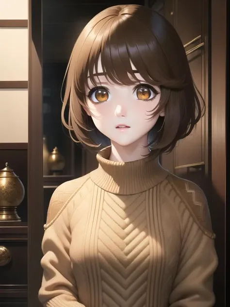 masterpiece, best quality, photorealistic, <lora:ElfenLiedV6:0.7>, Mayu, Sweater, flat chest, short (brown hair:1.2), pretty face, super detailed eyes, fit, athletic, high detail skin, intricately detailed hair, intricately detailed sweater, inside traditional Japanese home, grandfather clock, (vibrant color:1.2), colorful,