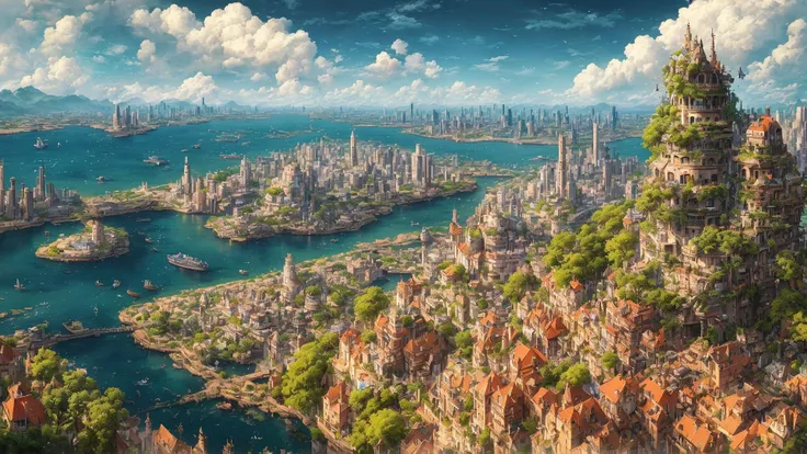 beautiful open kitchen in the style of elena of avalor overlooking aerial wide angle view of a solarpunk vibrant city with greenery, interior architecture, ocean, river, ships, citizens, rampart, rendered in octane, in the style of Luc Schuiten, craig mullins, solarpunk in deviantart, photorealistic, highly detailed, Vincent Callebaut, elena of avalor, highly detailed