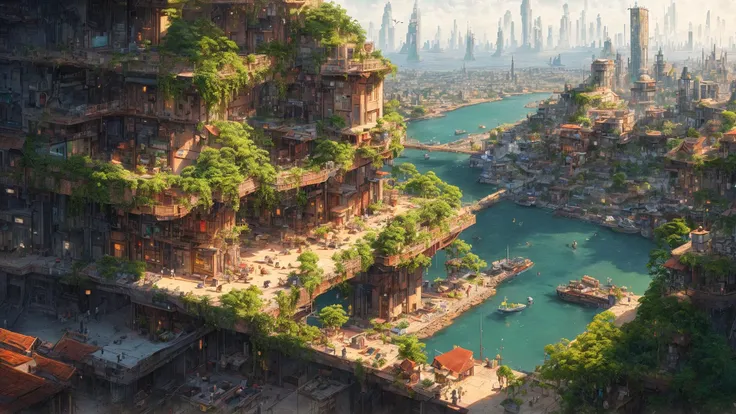 beautiful open kitchen in the style of elena of avalor overlooking aerial wide angle view of a solarpunk vibrant city with greenery, interior architecture, ocean, river, ships, citizens, rampart, rendered in octane, in the style of Luc Schuiten, craig mullins, solarpunk in deviantart, photorealistic, highly detailed, Vincent Callebaut, elena of avalor, highly detailed