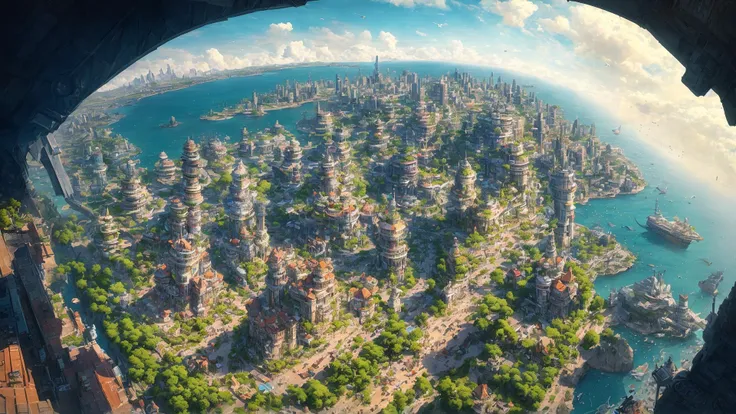 beautiful open kitchen in the style of elena of avalor overlooking aerial wide angle view of a solarpunk vibrant city with greenery, interior architecture, ocean, river, ships, citizens, rampart, rendered in octane, in the style of Luc Schuiten, craig mullins, solarpunk in deviantart, photorealistic, highly detailed, Vincent Callebaut, elena of avalor, highly detailed