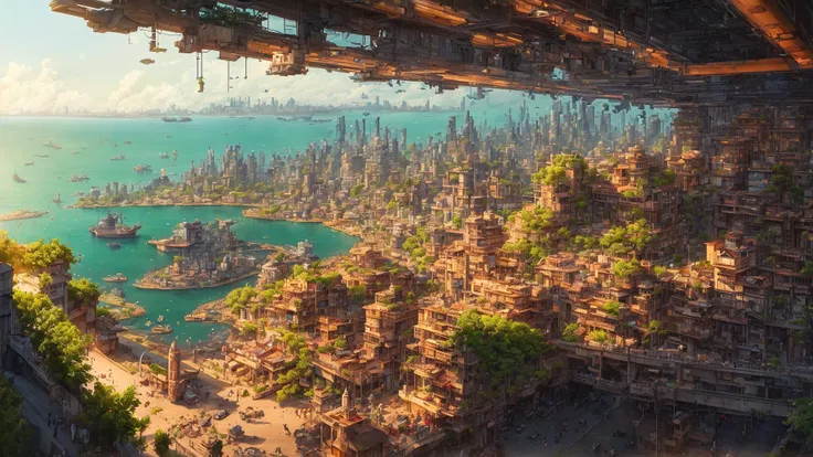 beautiful open kitchen in the style of elena of avalor overlooking aerial wide angle view of a solarpunk vibrant city with greenery, interior architecture, ocean, river, ships, citizens, rampart, rendered in octane, in the style of Luc Schuiten, craig mullins, solarpunk in deviantart, photorealistic, highly detailed, Vincent Callebaut, elena of avalor, highly detailed