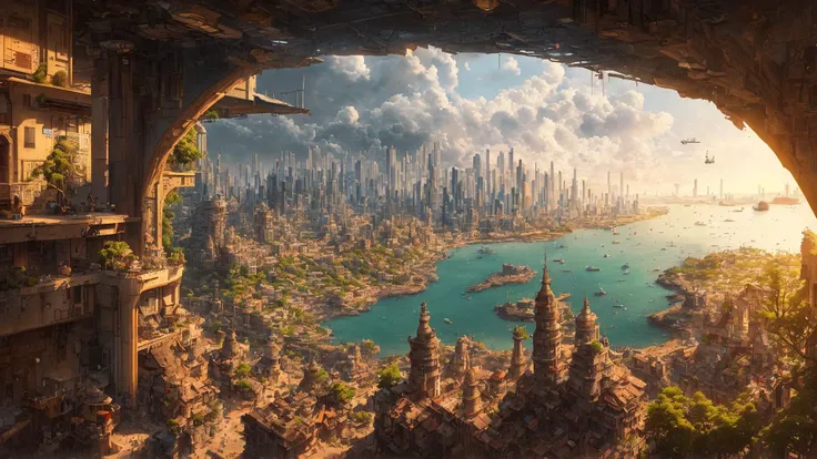 beautiful open kitchen in the style of elena of avalor overlooking aerial wide angle view of a solarpunk vibrant city with greenery, interior architecture, ocean, river, ships, citizens, rampart, rendered in octane, in the style of Luc Schuiten, craig mullins, solarpunk in deviantart, photorealistic, highly detailed, Vincent Callebaut, elena of avalor, highly detailed