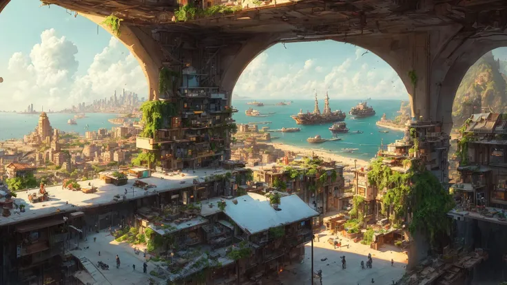 beautiful open kitchen in the style of elena of avalor overlooking aerial wide angle view of a solarpunk vibrant city with greenery, interior architecture, ocean, river, ships, citizens, rampart, rendered in octane, in the style of Luc Schuiten, craig mullins, solarpunk in deviantart, photorealistic, highly detailed, Vincent Callebaut, elena of avalor, highly detailed