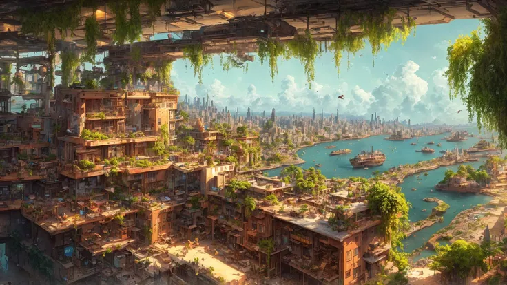 beautiful open kitchen in the style of elena of avalor overlooking aerial wide angle view of a solarpunk vibrant city with greenery, interior architecture, ocean, river, ships, citizens, rampart, rendered in octane, in the style of Luc Schuiten, craig mullins, solarpunk in deviantart, photorealistic, highly detailed, Vincent Callebaut, elena of avalor, highly detailed