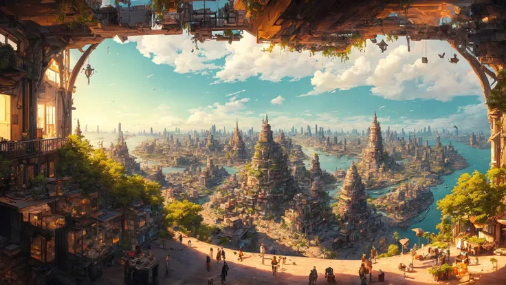 beautiful open kitchen in the style of elena of avalor overlooking aerial wide angle view of a solarpunk vibrant city with greenery, interior architecture, ocean, river, ships, citizens, rampart, rendered in octane, in the style of Luc Schuiten, craig mullins, solarpunk in deviantart, photorealistic, highly detailed, Vincent Callebaut, elena of avalor, highly detailed