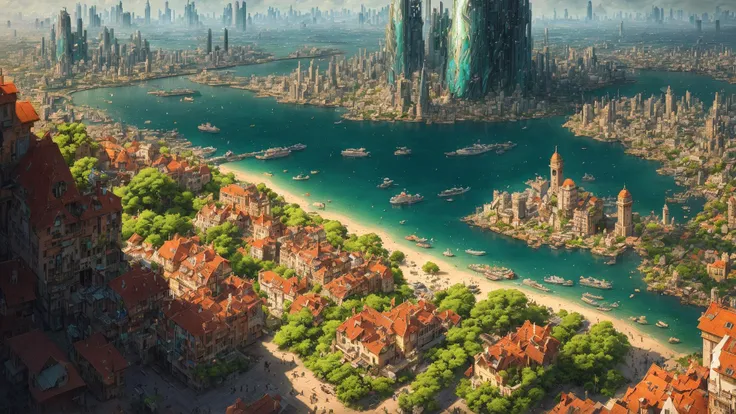 beautiful open kitchen in the style of elena of avalor overlooking aerial wide angle view of a solarpunk vibrant city with greenery, interior architecture, ocean, river, ships, citizens, rampart, rendered in octane, in the style of Luc Schuiten, craig mullins, solarpunk in deviantart, photorealistic, highly detailed, Vincent Callebaut, elena of avalor, highly detailed