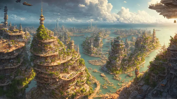 beautiful open kitchen in the style of elena of avalor overlooking aerial wide angle view of a solarpunk vibrant city with greenery, interior architecture, ocean, river, ships, citizens, rampart, rendered in octane, in the style of Luc Schuiten, craig mullins, solarpunk in deviantart, photorealistic, highly detailed, Vincent Callebaut, elena of avalor, highly detailed