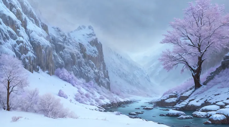 professional high quality,majestic digital art  of a picturesque nature of a
steep rocky walls gorge,bare tree and desert in
spring  in the morning dawn, snowing blizzard weather,
dramatic lighting, 8k resolution, detailed, focus, mid range shot
environmental art photography,naturalism
by Bob Ross,by Michael James Smith