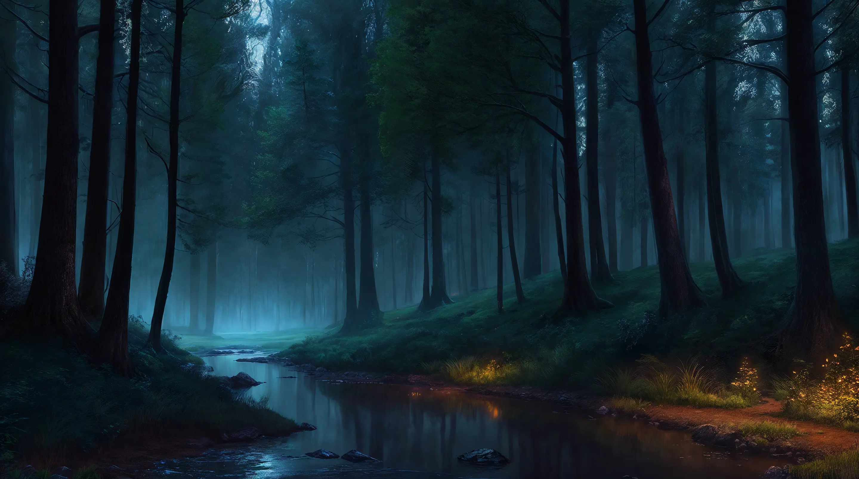 stunning view,professional high quality digital painting of a picturesque nature of a
picturesque forest edge,thicket in
spring at night moonlit, foggy weather,
dramatic lighting, 8k resolution, detailed, focus, mid range shot
dramatic darkness,environmental art photography
by Jake Guzman