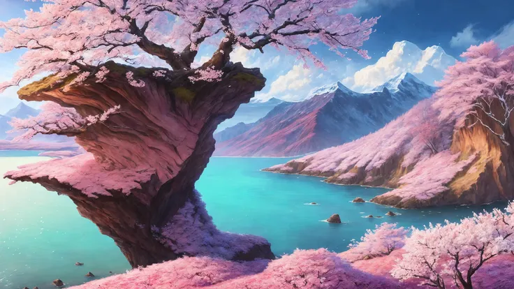 majestic,stunning view digital painting  containing a picturesque nature of a
cherry blossom on cliff,taiga imagination in
spring  in the afternoon, hail weather,
global lighting, 8k resolution, detailed, focus, mid range shot
featured on flickr,shutterstock contest winner
by  Ted Gore,by  Mandy Lea