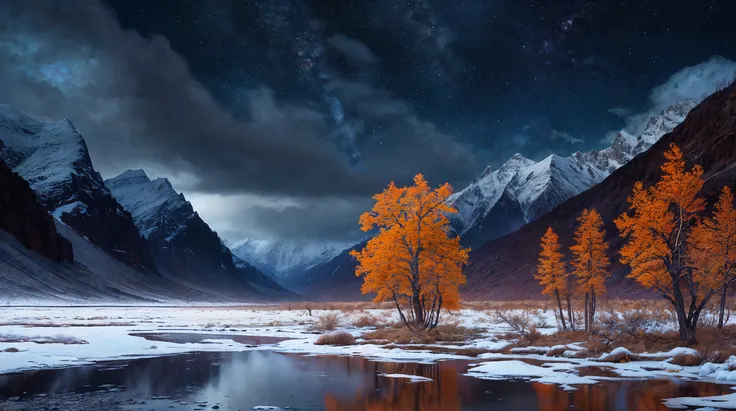 stunning view,majestic digital photography  containing a picturesque nature of a
taiga imagination,wild life scenery,bare tree and desert in
autumn  at night moonlit, cloudy raining weather,
dramatic lighting, 8k resolution, detailed, focus, mid range shot
dramatic darkness
by  Ted Gore,by THOMAS VIJAYAN