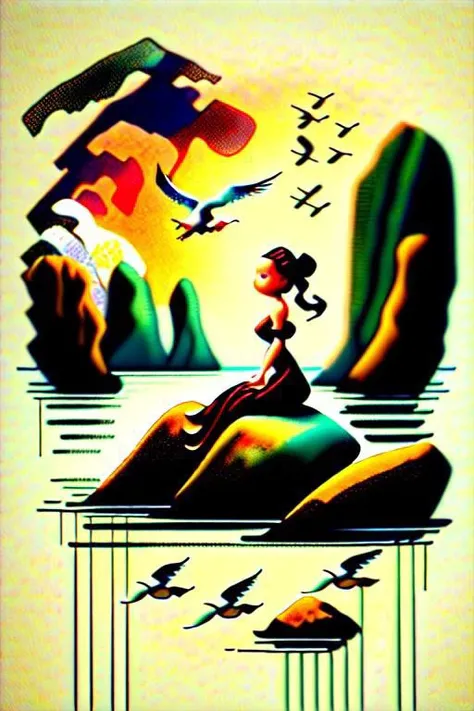 A seagull maiden in a long flowing dress long_wide_sleevers sits on a rock near a cliff and looks into the distance. Her hair is blowing in the wind, barefoot, (close_view), ((ink style))