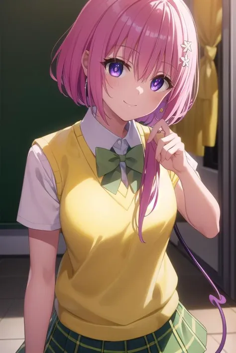 momodevilluke, <lyco:momo deviluke darkness-lyco-nochekaiser:1>,
momo deviluke, demon tail, hair flower, hair ornament, (purple eyes:1.1), pink hair, short hair, tail, smile,
BREAK demon tail, green skirt, plaid, plaid skirt, sainan high school uniform, school uniform, skirt, sweater vest, thighhighs, (yellow sweater:1.5), short sleeves, bow, (green bow:1.5),
BREAK indoors, classroom,
BREAK looking at viewer, (cowboy shot:1.5),
BREAK <lyco:GoodHands-beta2:1>, (masterpiece:1.2), best quality, high resolution, unity 8k wallpaper, (illustration:0.8), (beautiful detailed eyes:1.6), extremely detailed face, perfect lighting, extremely detailed CG, (perfect hands, perfect anatomy),