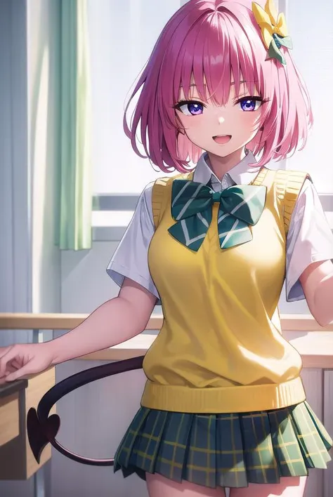 momodevilluke, <lyco:momodeviluke-lyco-nochekaiser:1>,
momo deviluke, demon tail, hair flower, hair ornament, (purple eyes:1.1), pink hair, short hair, tail, <lora:sensualface_type1:0.8>, open mouth, smile,
BREAK demon tail, green skirt, plaid, plaid skirt, sainan high school uniform, school uniform, skirt, sweater vest, thighhighs, (yellow sweater:1.5), short sleeves, bow, (green bow:1.5),
BREAK indoors, classroom,
BREAK looking at viewer, (cowboy shot:1.5),
BREAK <lyco:GoodHands-beta2:1>, (masterpiece:1.2), best quality, high resolution, unity 8k wallpaper, (illustration:0.8), (beautiful detailed eyes:1.6), extremely detailed face, perfect lighting, extremely detailed CG, (perfect hands, perfect anatomy),