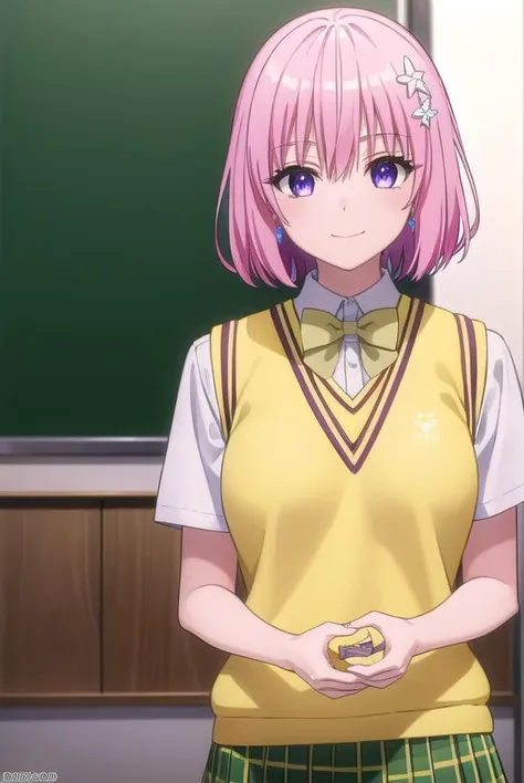 momodevilluke, <lyco:momo deviluke darkness-lyco-nochekaiser:1>,
momo deviluke, demon tail, hair flower, hair ornament, (purple eyes:1.1), pink hair, short hair, tail, smile,
BREAK demon tail, green skirt, plaid, plaid skirt, sainan high school uniform, school uniform, skirt, sweater vest, thighhighs, (yellow sweater:1.5), short sleeves, bow, (green bow:1.5),
BREAK indoors, classroom,
BREAK looking at viewer, (cowboy shot:1.5),
BREAK <lyco:GoodHands-beta2:1>, (masterpiece:1.2), best quality, high resolution, unity 8k wallpaper, (illustration:0.8), (beautiful detailed eyes:1.6), extremely detailed face, perfect lighting, extremely detailed CG, (perfect hands, perfect anatomy),