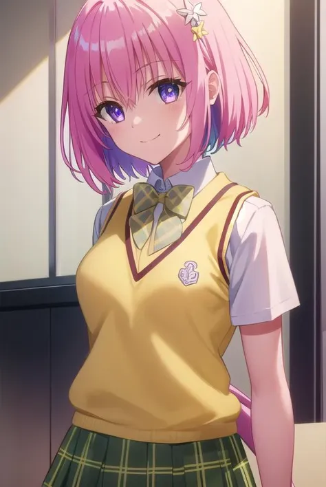 momodevilluke, <lyco:momo deviluke darkness-lyco-nochekaiser:1>,
momo deviluke, demon tail, hair flower, hair ornament, (purple eyes:1.1), pink hair, short hair, tail, smile,
BREAK demon tail, green skirt, plaid, plaid skirt, sainan high school uniform, school uniform, skirt, sweater vest, thighhighs, (yellow sweater:1.5), short sleeves, bow, (green bow:1.5),
BREAK indoors, classroom,
BREAK looking at viewer, (cowboy shot:1.5),
BREAK <lyco:GoodHands-beta2:1>, (masterpiece:1.2), best quality, high resolution, unity 8k wallpaper, (illustration:0.8), (beautiful detailed eyes:1.6), extremely detailed face, perfect lighting, extremely detailed CG, (perfect hands, perfect anatomy),