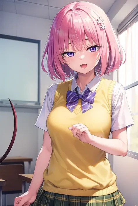 momodevilluke, <lyco:momodeviluke-lyco-nochekaiser:1>,
momo deviluke, demon tail, hair flower, hair ornament, (purple eyes:1.1), pink hair, short hair, tail, <lora:sensualface_type1:0.8>, open mouth
BREAK demon tail, green skirt, plaid, plaid skirt, sainan high school uniform, school uniform, skirt, sweater vest, thighhighs, (yellow sweater:1.5), short sleeves, bow, green bow,
BREAK indoors, classroom,
BREAK looking at viewer, (cowboy shot:1.5),
BREAK <lyco:GoodHands-beta2:1>, (masterpiece:1.2), best quality, high resolution, unity 8k wallpaper, (illustration:0.8), (beautiful detailed eyes:1.6), extremely detailed face, perfect lighting, extremely detailed CG, (perfect hands, perfect anatomy),