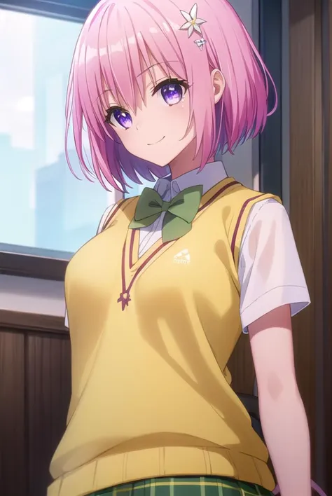 momodevilluke, <lyco:momo deviluke darkness-lyco-nochekaiser:1>,
momo deviluke, demon tail, hair flower, hair ornament, (purple eyes:1.1), pink hair, short hair, tail, smile,
BREAK demon tail, green skirt, plaid, plaid skirt, sainan high school uniform, school uniform, skirt, sweater vest, thighhighs, (yellow sweater:1.5), short sleeves, bow, (green bow:1.5),
BREAK indoors, classroom,
BREAK looking at viewer, (cowboy shot:1.5),
BREAK <lyco:GoodHands-beta2:1>, (masterpiece:1.2), best quality, high resolution, unity 8k wallpaper, (illustration:0.8), (beautiful detailed eyes:1.6), extremely detailed face, perfect lighting, extremely detailed CG, (perfect hands, perfect anatomy),