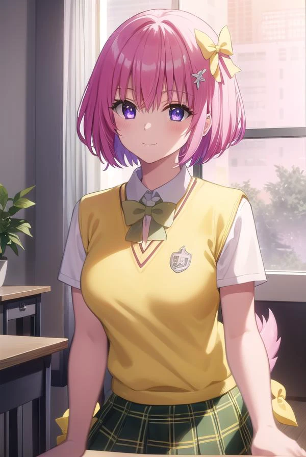 momodevilluke, <lyco:momo deviluke darkness-lyco-nochekaiser:1>,
momo deviluke, demon tail, hair flower, hair ornament, (purple eyes:1.1), pink hair, short hair, tail, smile,
BREAK demon tail, green skirt, plaid, plaid skirt, sainan high school uniform, school uniform, skirt, sweater vest, thighhighs, (yellow sweater:1.5), short sleeves, bow, (green bow:1.5),
BREAK indoors, classroom,
BREAK looking at viewer, (cowboy shot:1.5),
BREAK <lyco:GoodHands-beta2:1>, (masterpiece:1.2), best quality, high resolution, unity 8k wallpaper, (illustration:0.8), (beautiful detailed eyes:1.6), extremely detailed face, perfect lighting, extremely detailed CG, (perfect hands, perfect anatomy),