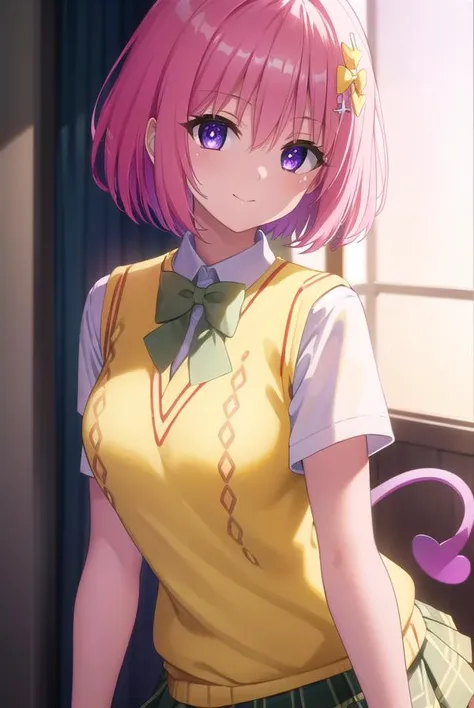 momodevilluke, <lyco:momo deviluke darkness-lyco-nochekaiser:1>,
momo deviluke, demon tail, hair flower, hair ornament, (purple eyes:1.1), pink hair, short hair, tail, smile,
BREAK demon tail, green skirt, plaid, plaid skirt, sainan high school uniform, school uniform, skirt, sweater vest, thighhighs, (yellow sweater:1.5), short sleeves, bow, (green bow:1.5),
BREAK indoors, classroom,
BREAK looking at viewer, (cowboy shot:1.5),
BREAK <lyco:GoodHands-beta2:1>, (masterpiece:1.2), best quality, high resolution, unity 8k wallpaper, (illustration:0.8), (beautiful detailed eyes:1.6), extremely detailed face, perfect lighting, extremely detailed CG, (perfect hands, perfect anatomy),