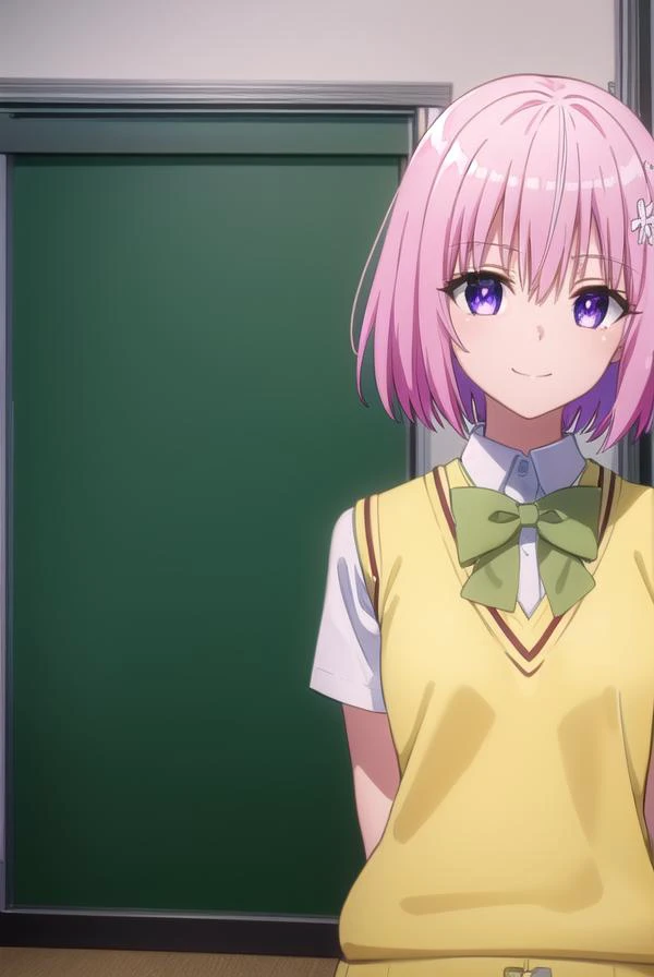 momodevilluke, <lyco:momo deviluke darkness-lyco-nochekaiser:1>,
momo deviluke, demon tail, hair flower, hair ornament, (purple eyes:1.1), pink hair, short hair, tail, smile,
BREAK demon tail, green skirt, plaid, plaid skirt, sainan high school uniform, school uniform, skirt, sweater vest, thighhighs, (yellow sweater:1.5), short sleeves, bow, (green bow:1.5),
BREAK indoors, classroom,
BREAK looking at viewer, (cowboy shot:1.5),
BREAK <lyco:GoodHands-beta2:1>, (masterpiece:1.2), best quality, high resolution, unity 8k wallpaper, (illustration:0.8), (beautiful detailed eyes:1.6), extremely detailed face, perfect lighting, extremely detailed CG, (perfect hands, perfect anatomy),