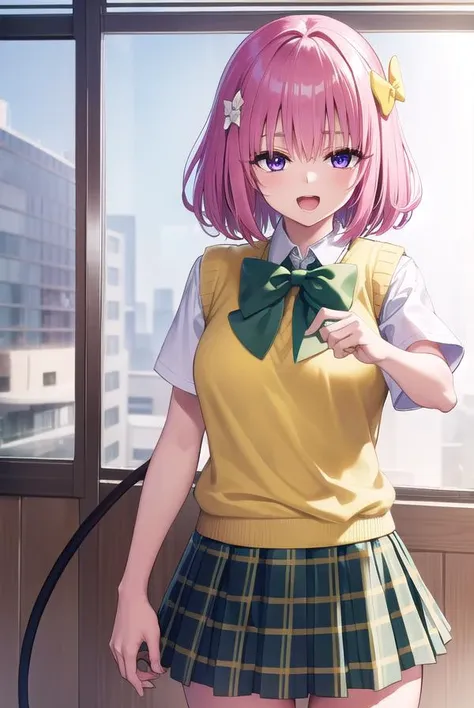 momodevilluke, <lyco:momodeviluke-lyco-nochekaiser:1>,
momo deviluke, demon tail, hair flower, hair ornament, (purple eyes:1.1), pink hair, short hair, tail, <lora:sensualface_type1:0.8>, open mouth, smile,
BREAK demon tail, green skirt, plaid, plaid skirt, sainan high school uniform, school uniform, skirt, sweater vest, thighhighs, (yellow sweater:1.5), short sleeves, bow, (green bow:1.5),
BREAK indoors, classroom,
BREAK looking at viewer, (cowboy shot:1.5),
BREAK <lyco:GoodHands-beta2:1>, (masterpiece:1.2), best quality, high resolution, unity 8k wallpaper, (illustration:0.8), (beautiful detailed eyes:1.6), extremely detailed face, perfect lighting, extremely detailed CG, (perfect hands, perfect anatomy),