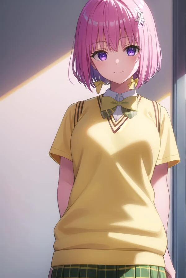 momodevilluke, <lyco:momo deviluke darkness-lyco-nochekaiser:1>,
momo deviluke, demon tail, hair flower, hair ornament, (purple eyes:1.1), pink hair, short hair, tail, smile,
BREAK demon tail, green skirt, plaid, plaid skirt, sainan high school uniform, school uniform, skirt, sweater vest, thighhighs, (yellow sweater:1.5), short sleeves, bow, (green bow:1.5),
BREAK indoors, classroom,
BREAK looking at viewer, (cowboy shot:1.5),
BREAK <lyco:GoodHands-beta2:1>, (masterpiece:1.2), best quality, high resolution, unity 8k wallpaper, (illustration:0.8), (beautiful detailed eyes:1.6), extremely detailed face, perfect lighting, extremely detailed CG, (perfect hands, perfect anatomy),