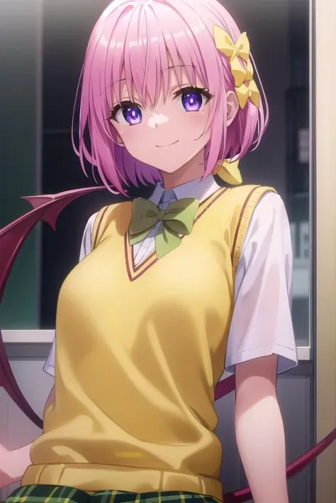 momodevilluke, <lyco:momo deviluke darkness-lyco-nochekaiser:1>,
momo deviluke, demon tail, hair flower, hair ornament, (purple eyes:1.1), pink hair, short hair, tail, smile,
BREAK demon tail, green skirt, plaid, plaid skirt, sainan high school uniform, school uniform, skirt, sweater vest, thighhighs, (yellow sweater:1.5), short sleeves, bow, (green bow:1.5),
BREAK indoors, classroom,
BREAK looking at viewer, (cowboy shot:1.5),
BREAK <lyco:GoodHands-beta2:1>, (masterpiece:1.2), best quality, high resolution, unity 8k wallpaper, (illustration:0.8), (beautiful detailed eyes:1.6), extremely detailed face, perfect lighting, extremely detailed CG, (perfect hands, perfect anatomy),