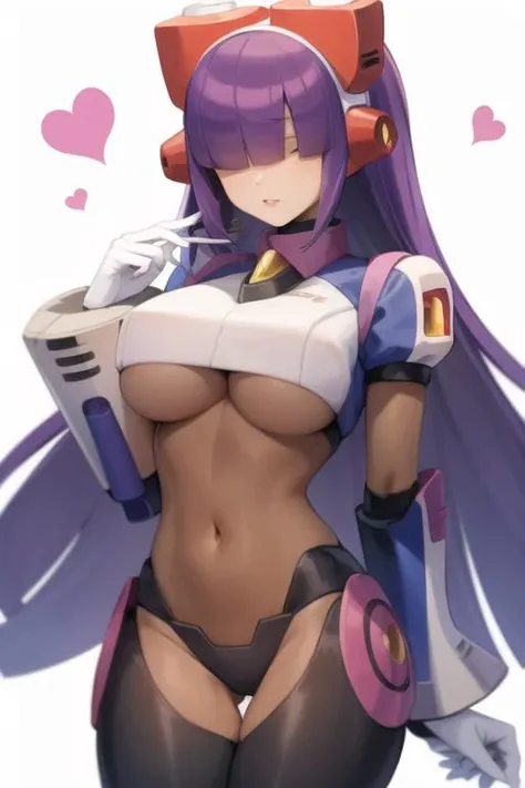 layer_megamanx, 1girl, solo, long hair, purple hair, blunt bangs, hair over eyes, large breasts, dark skin, dark-skinned female, android, underboob, robot ears, <lora:Layer_MegaMan_X_V-05:1>