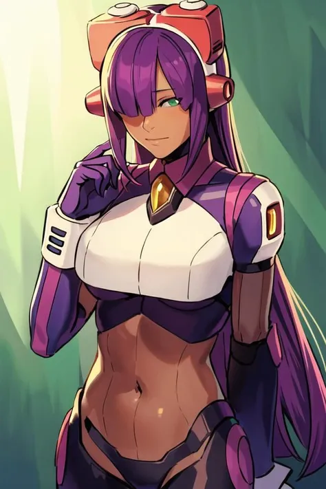 best quality, masterpiece, solo, 1girl, <lora:Layer_MegaMan_X_V-05:1>, layer_megamanx, long hair, purple hair, green eyes, blunt bangs, hair over eyes, large breasts, (dark skin, dark-skinned female:1.2), android,, <lora:sunstoneV7:0.55>,